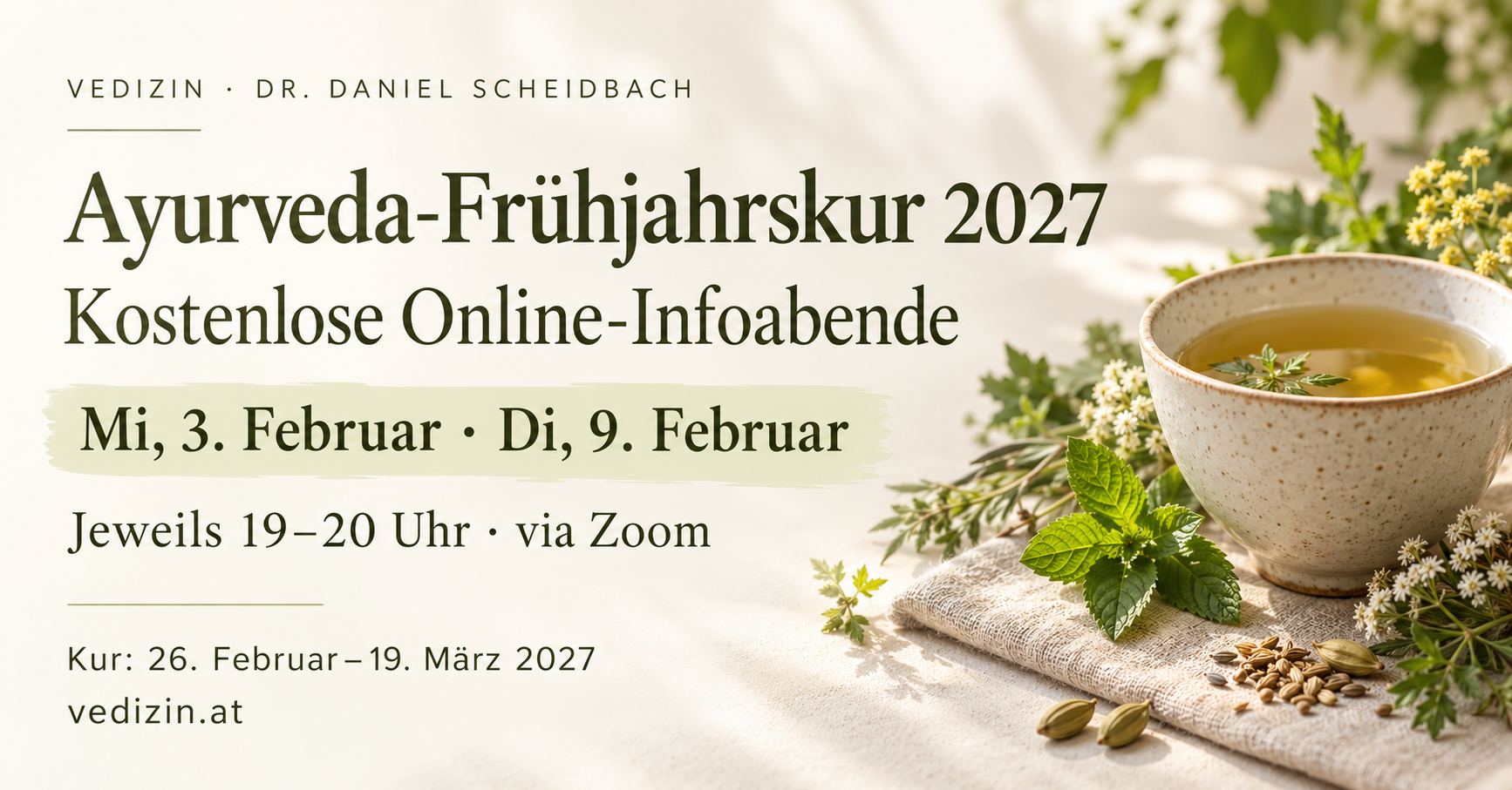 Kostenlose Online-Infoabende zur Ayurveda-Frühjahrskur 2027 am 3. und 9. Februar, jeweils 19 bis 20 Uhr via Zoom